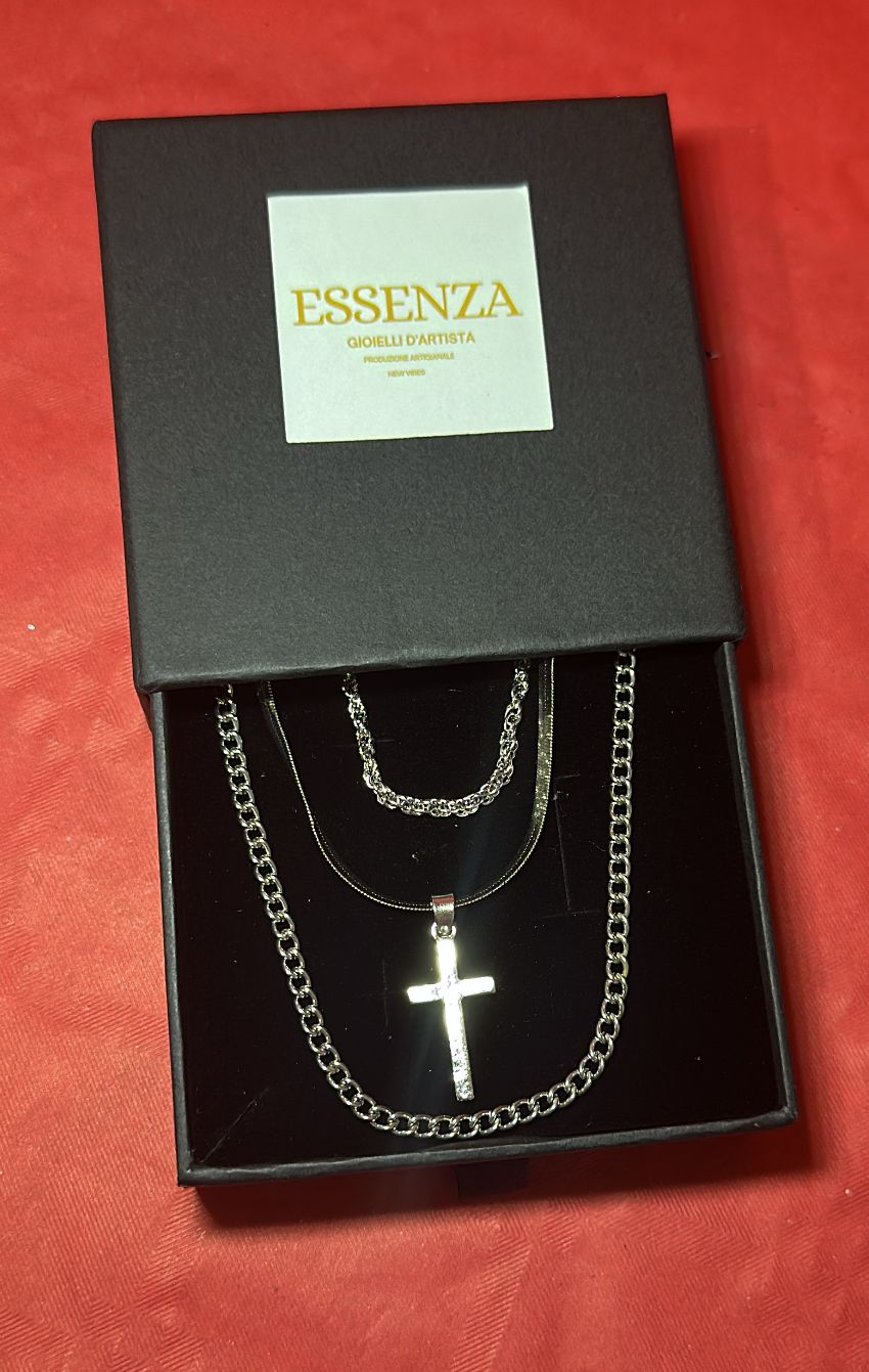 Collana uomo 3 fili  color argento croce cm 3 regolabile