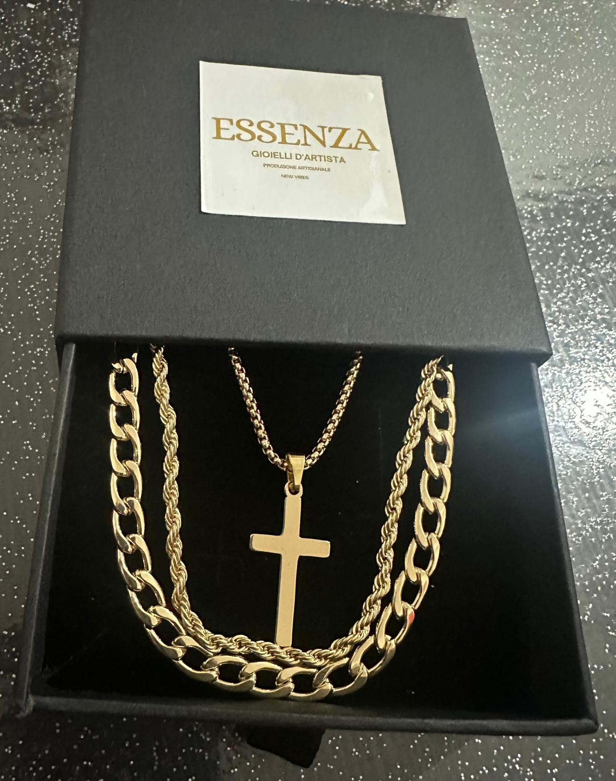 Set collana uomo triplo filo materiale in acciaio inossidabile con croce da cm 3 misura regolabile