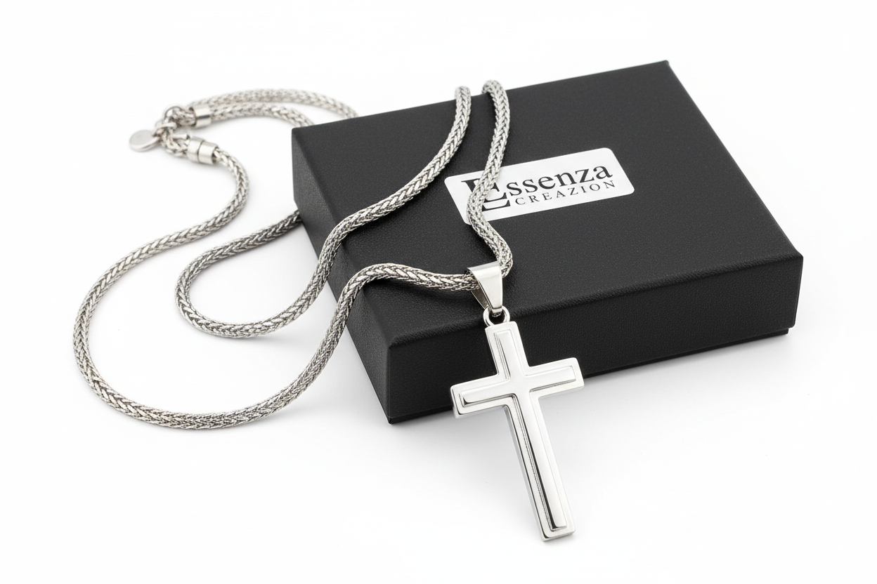essenza creazioni Croce cm 5 set collana uomo doppio filo materiale in acciaio inossidabile misura regolabile con scatola nera rettangolare e logo adesivo
