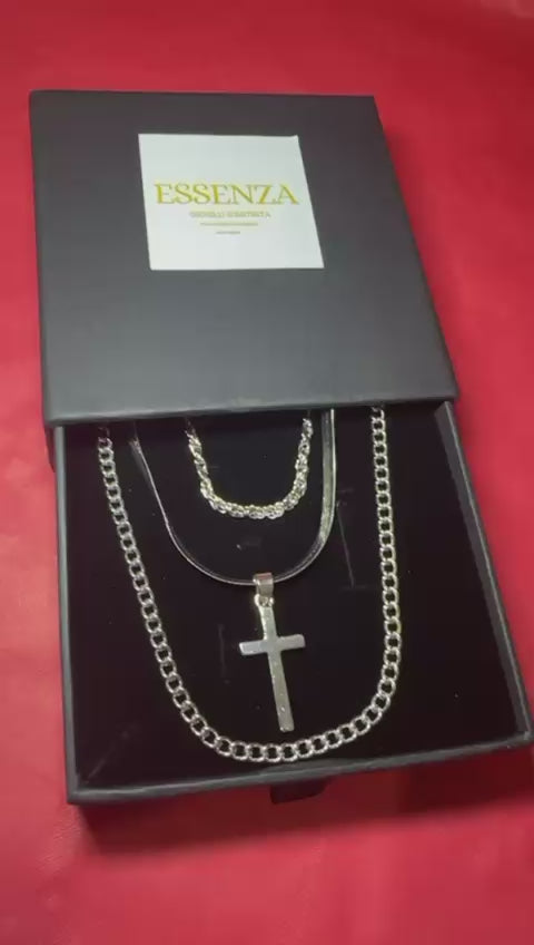 Collana uomo 3 fili  color argento croce cm 3 regolabile