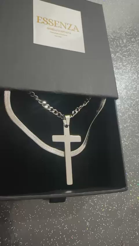 Set collana uomo doppio filo materiale in acciaio inossidabile con Croce da cm5 misura regolabile