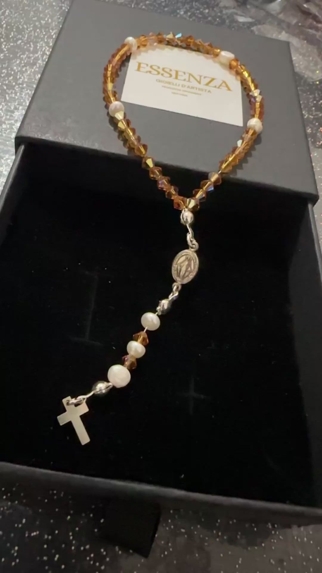 Rosario da borsa in Swarovski e Argento 925 con medaglia miracolosa